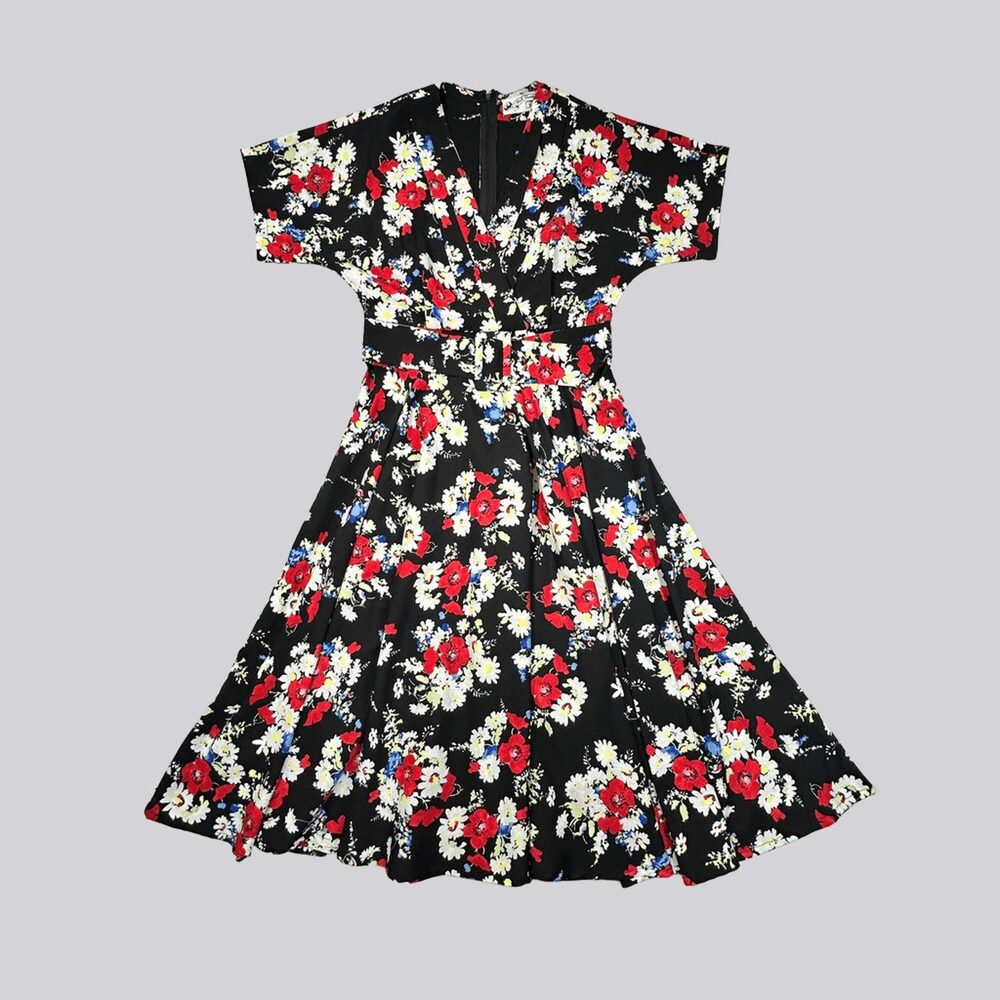 Retro Pin-Up Hell Bunny Vixen Floral Wrap Midi Dress Fit & Flare S